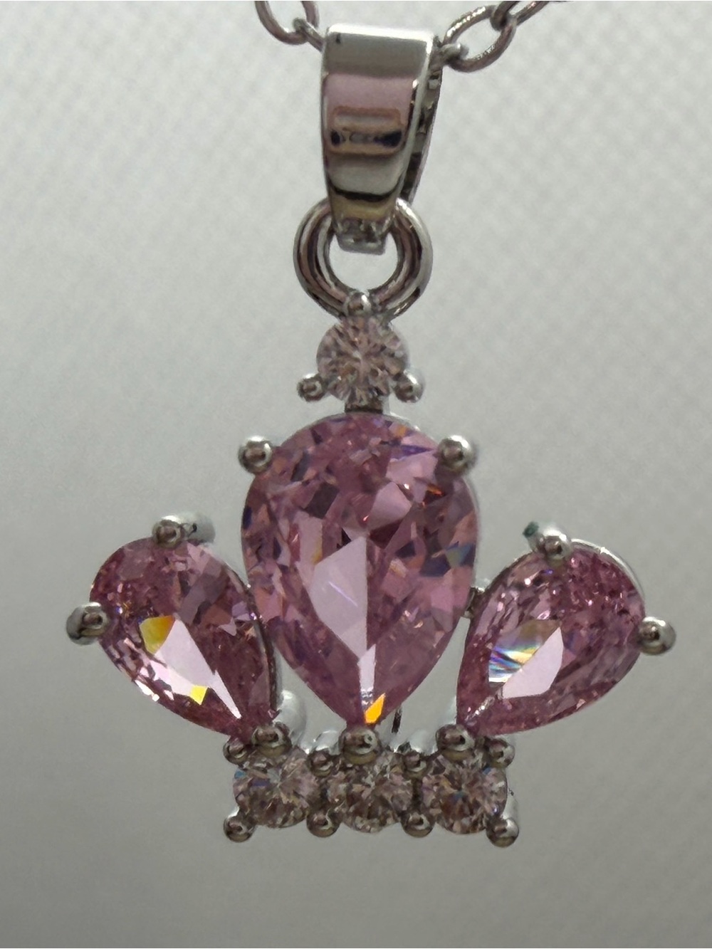 Pink Teardrop Crystal Crown Pendant Necklace